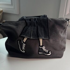 Black Canvas Tote Bag with Sneaker Applique